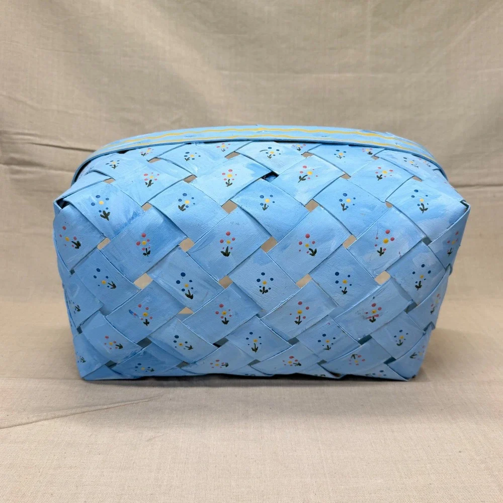 Vintage Blue Hand Painted Basket Cottagecore Storage Easter Gathering Basket